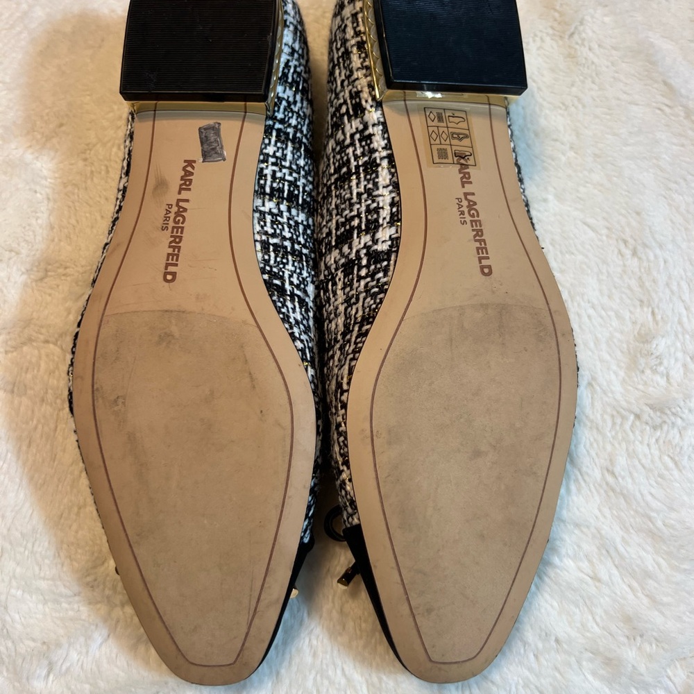 Karl Lagerfeld Black and White Pearl And Tweed Bow Ballet Flats - Picture 6 of 9